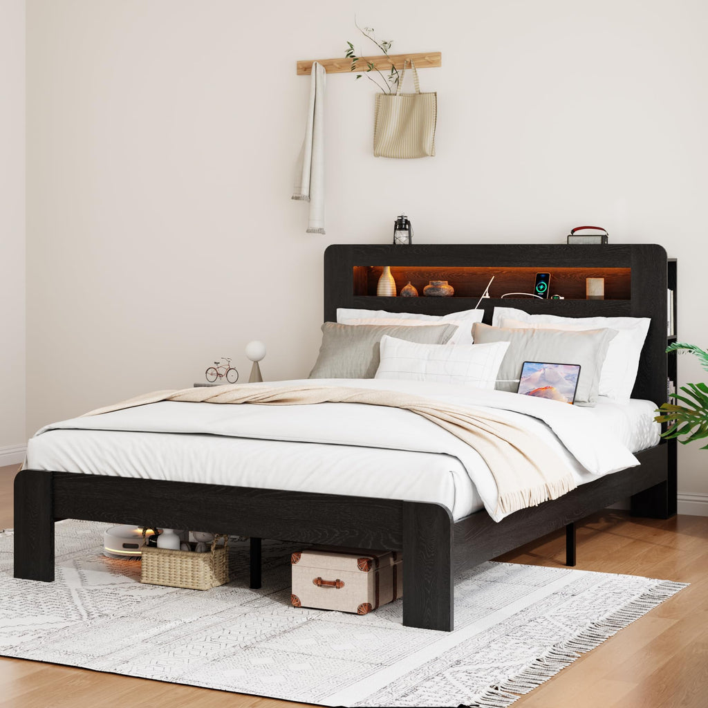 Wooden Bed Frame with Storage Headboard Farmhouse Bed Frame