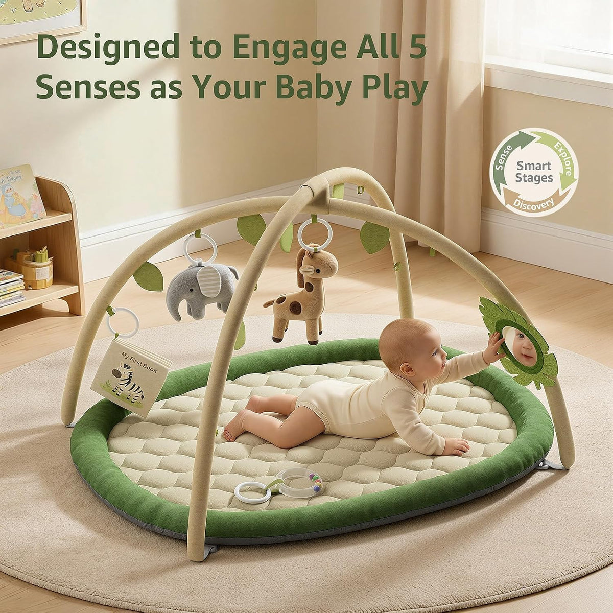 Play Gym, Baby Play Mat with 5 Detachable Toys, Green