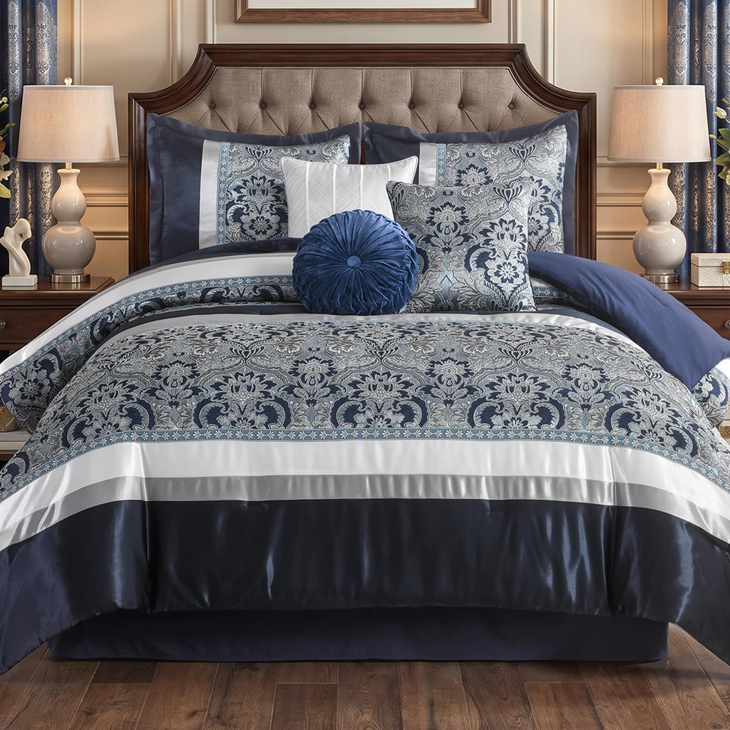Luxury Comforter Set Damask Jacquard Navy Blue 7 Piece