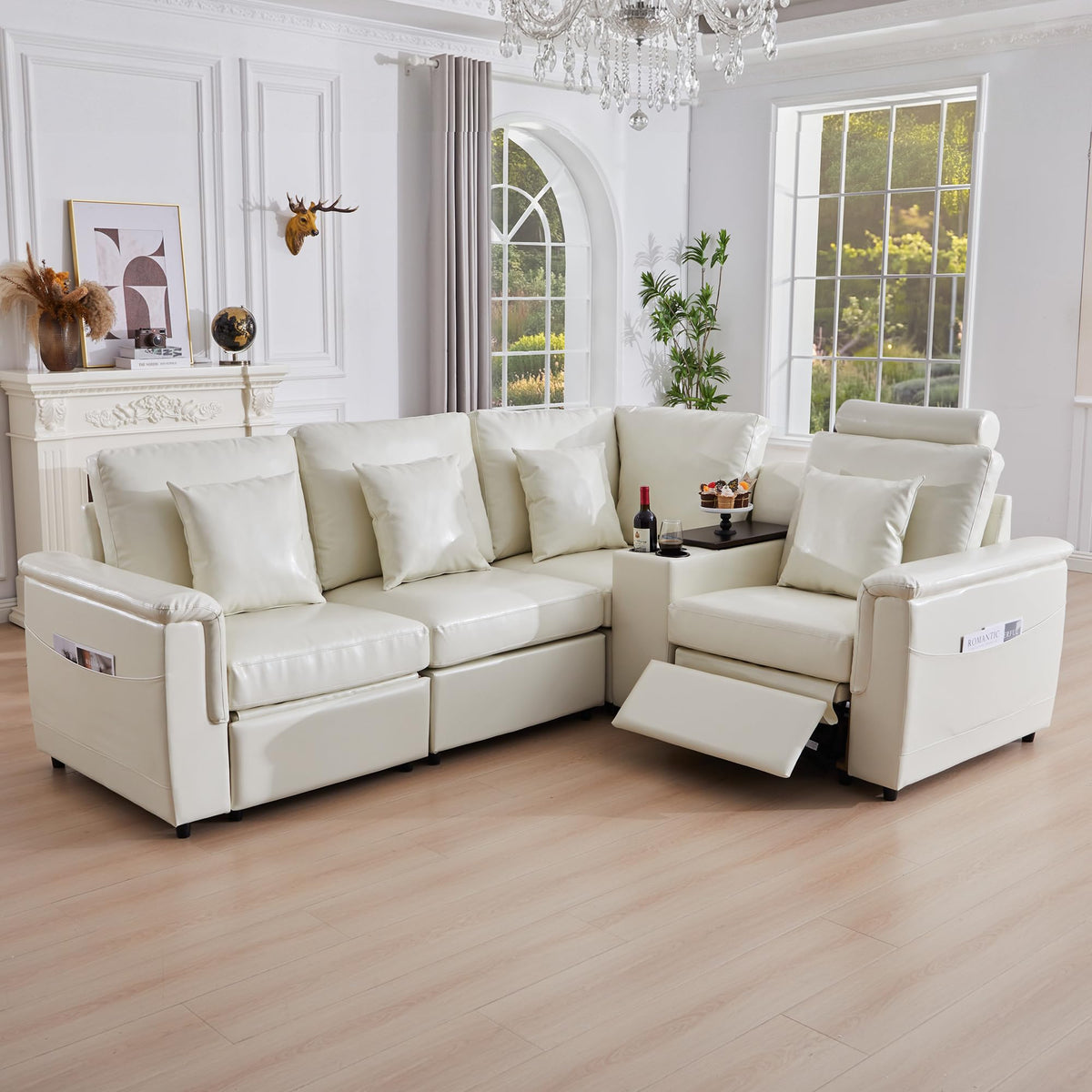 Faux Leather Sectional Sofa, L Shaped, 4 Seater, Beige