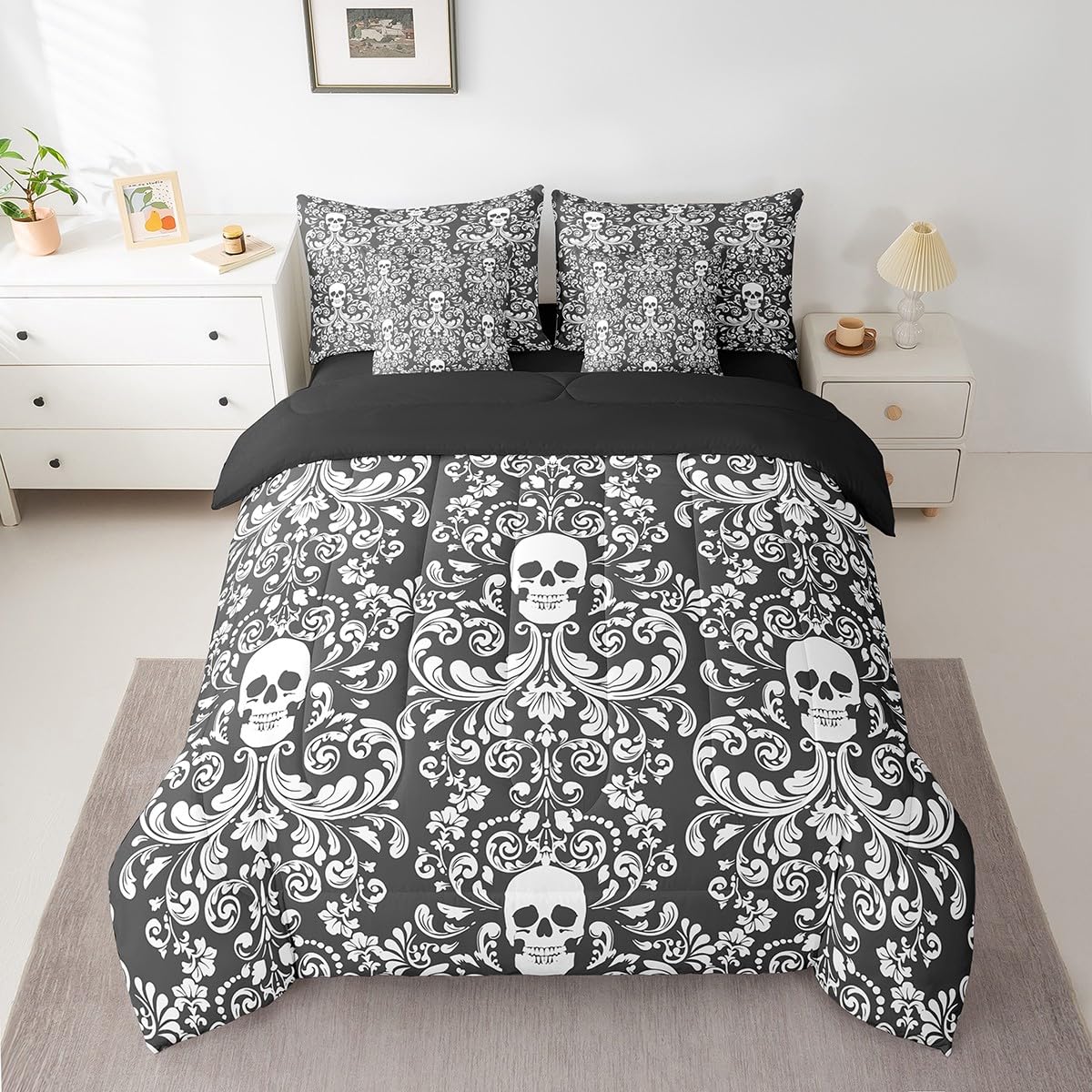 Damask Gothic Bedding Set Adults Antique Victorian 7 Piece Comforter Set Full Bed in a Bag, Black and White Sugar
