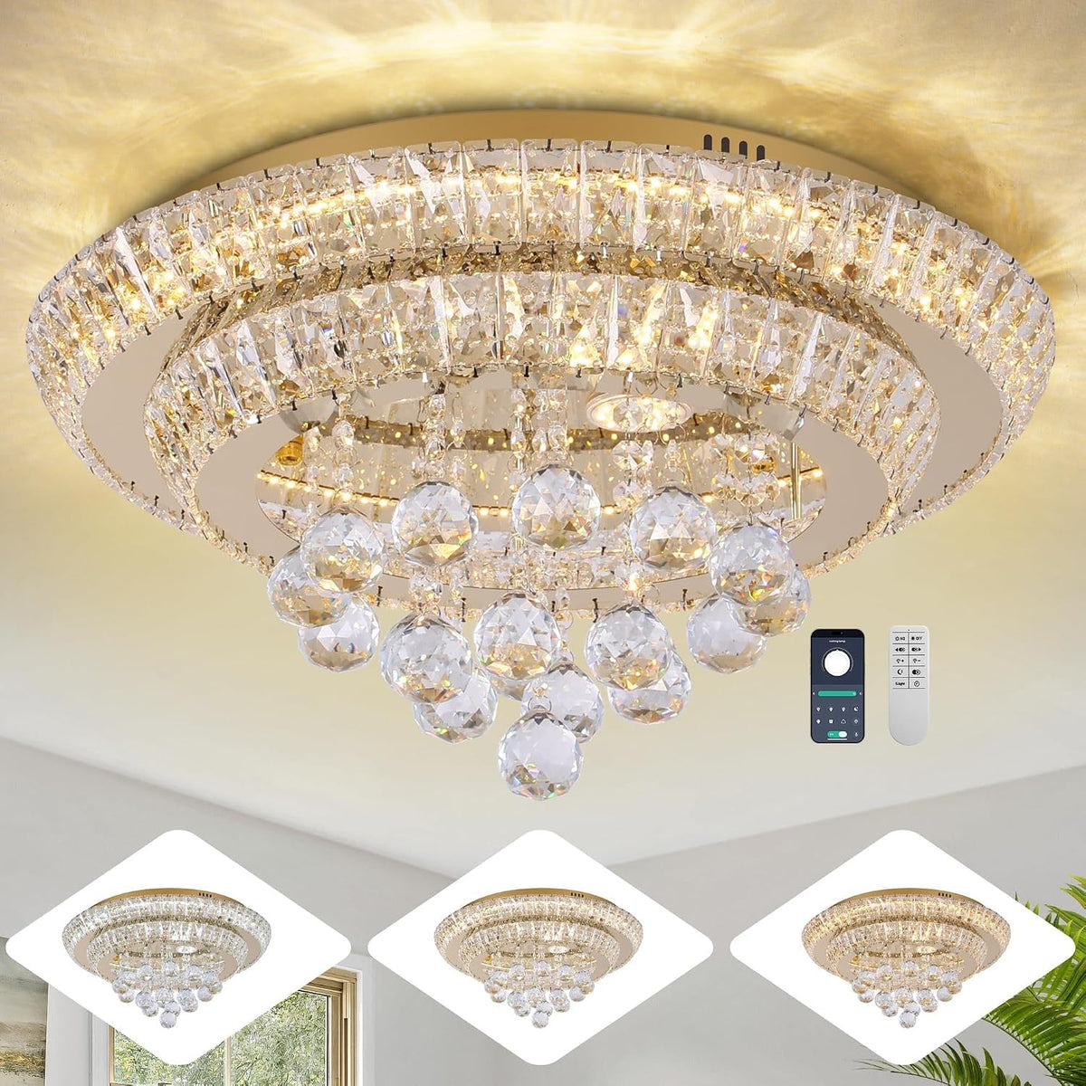 Large Rose Gold LED Crystal Raindrop Flush Mount Ceiling Light