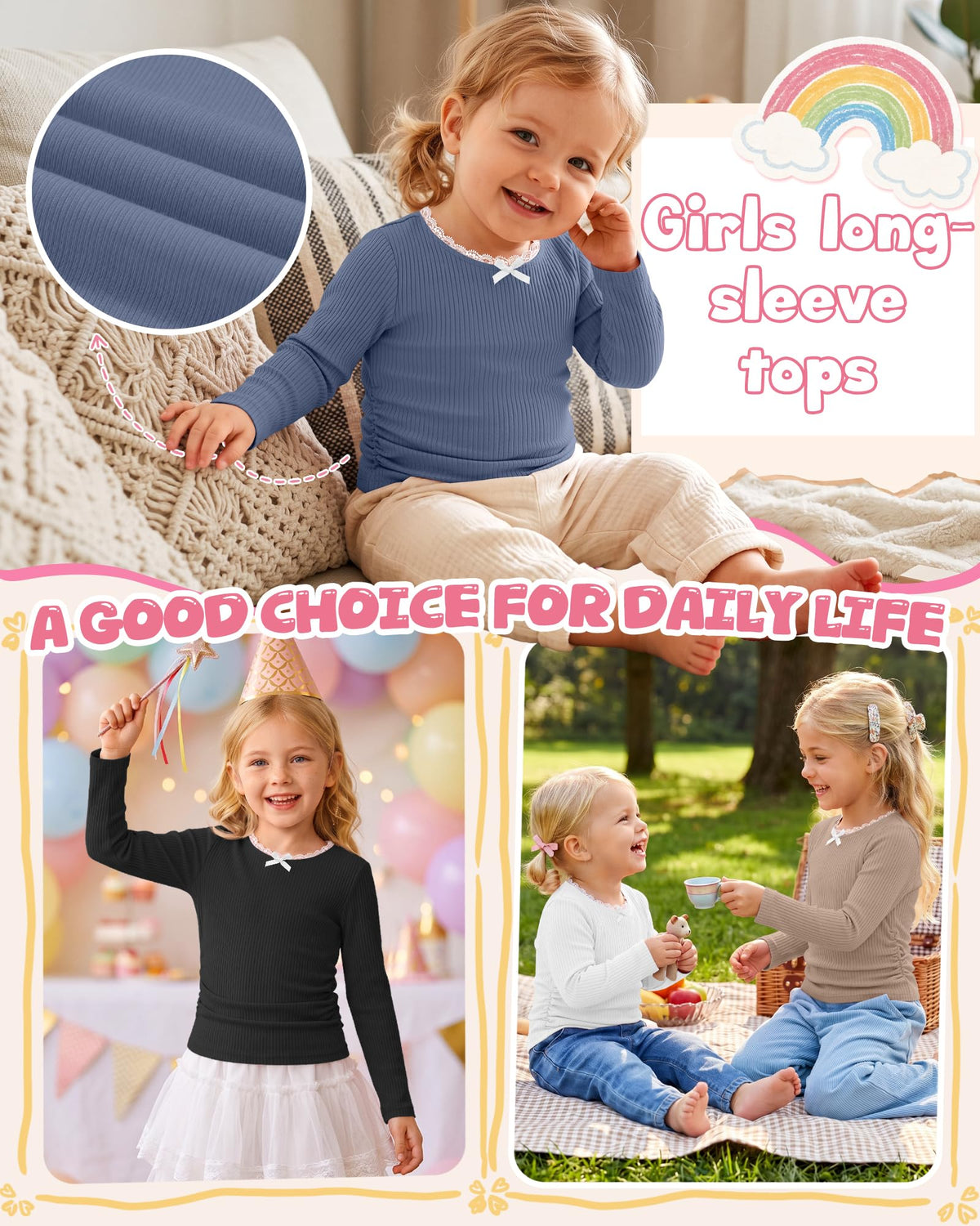 4 Pack Toddler Girl Long Sleeve Shirts Crewneck Top 4Color