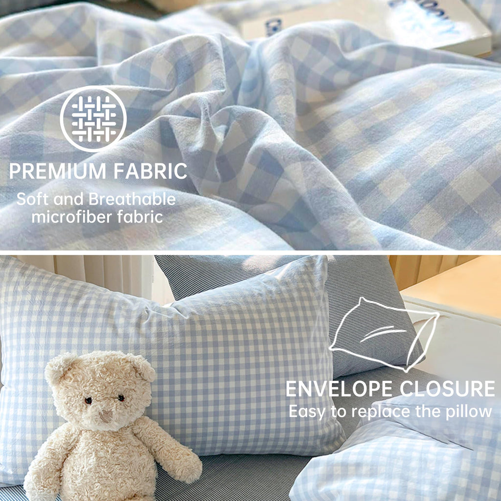 Gingham Comforter Set 3 Pieces, Soft Breathable Bed in a Bag, Light Blue White Checkered Plaid Bedding