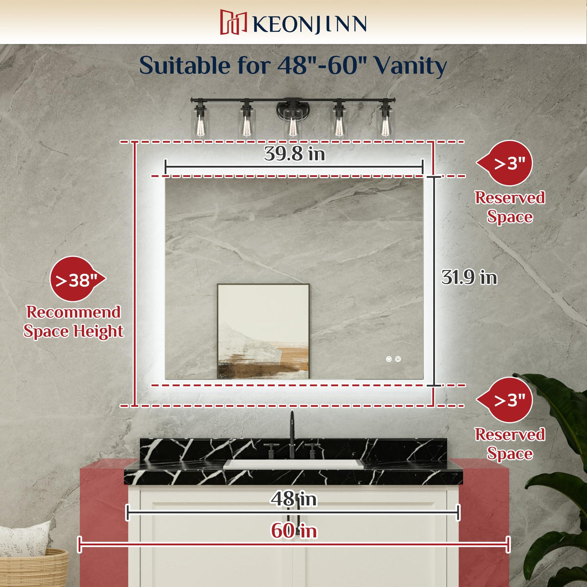 40" x 32" Backlit LED Mirror, Safe HD Tempered Glass