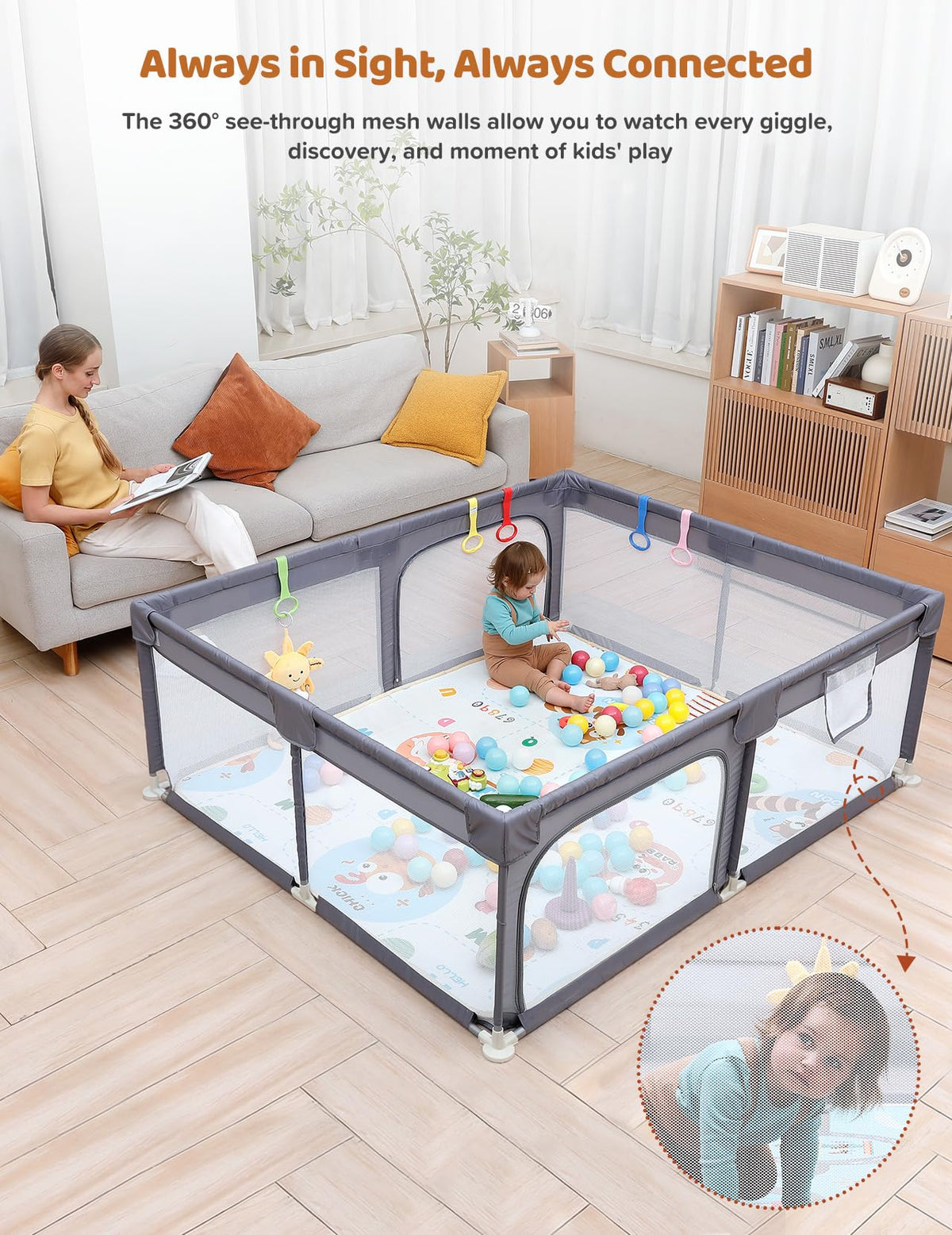 Baby Playpen, 71"x59" Play Pen for Babies, Grey