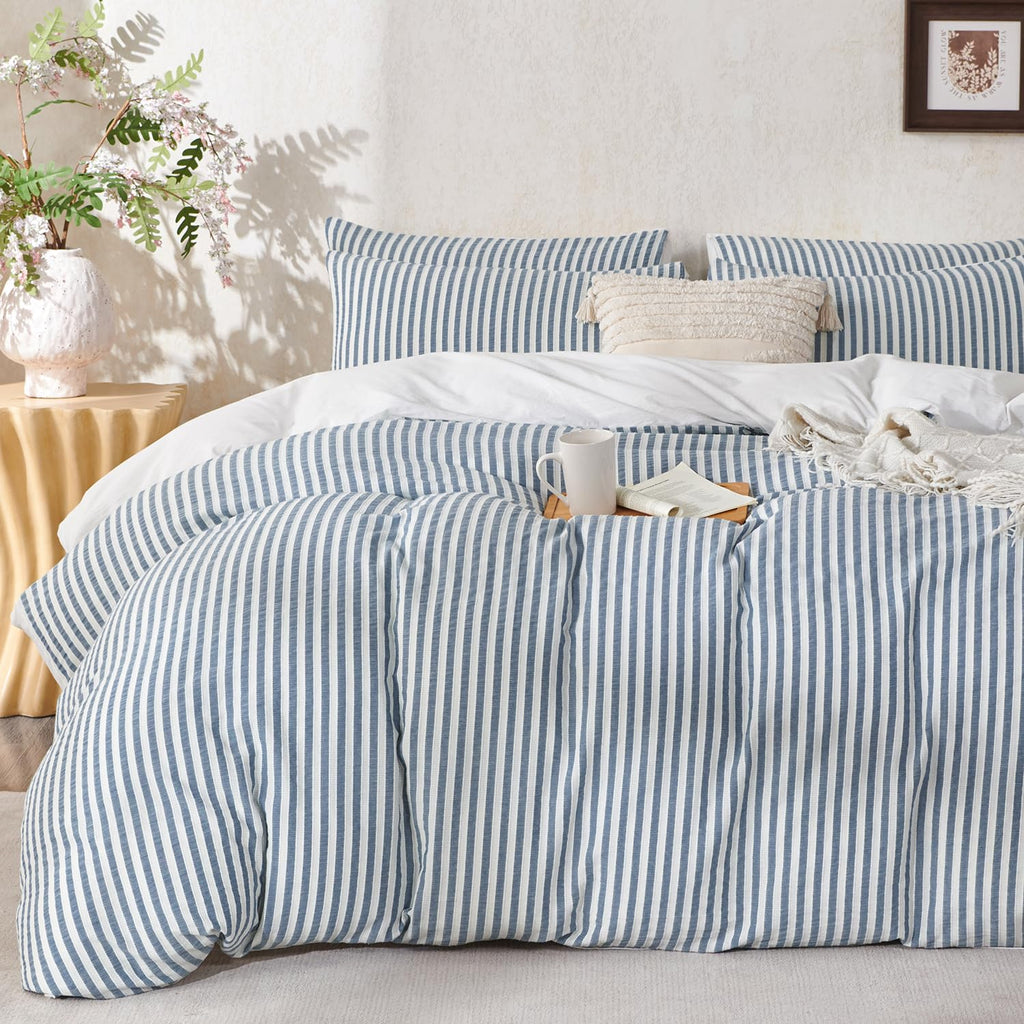 Denim Blue Duvet Cover Queen Striped Washed Cotton Jacquard 3 Pieces Blue Queen Striped Bedding Sets, with Zipper