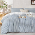 Denim Blue Duvet Cover Queen Striped Washed Cotton Jacquard 3 Pieces Blue Queen Striped Bedding Sets, with Zipper