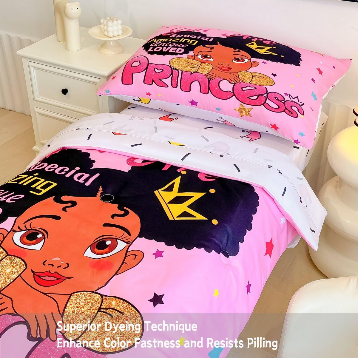 4 Piece Toddler Bedding Set for Girls,Toddler Black Girl Magic Comforter Set,Black Princess Toddler Bed Comforter Set