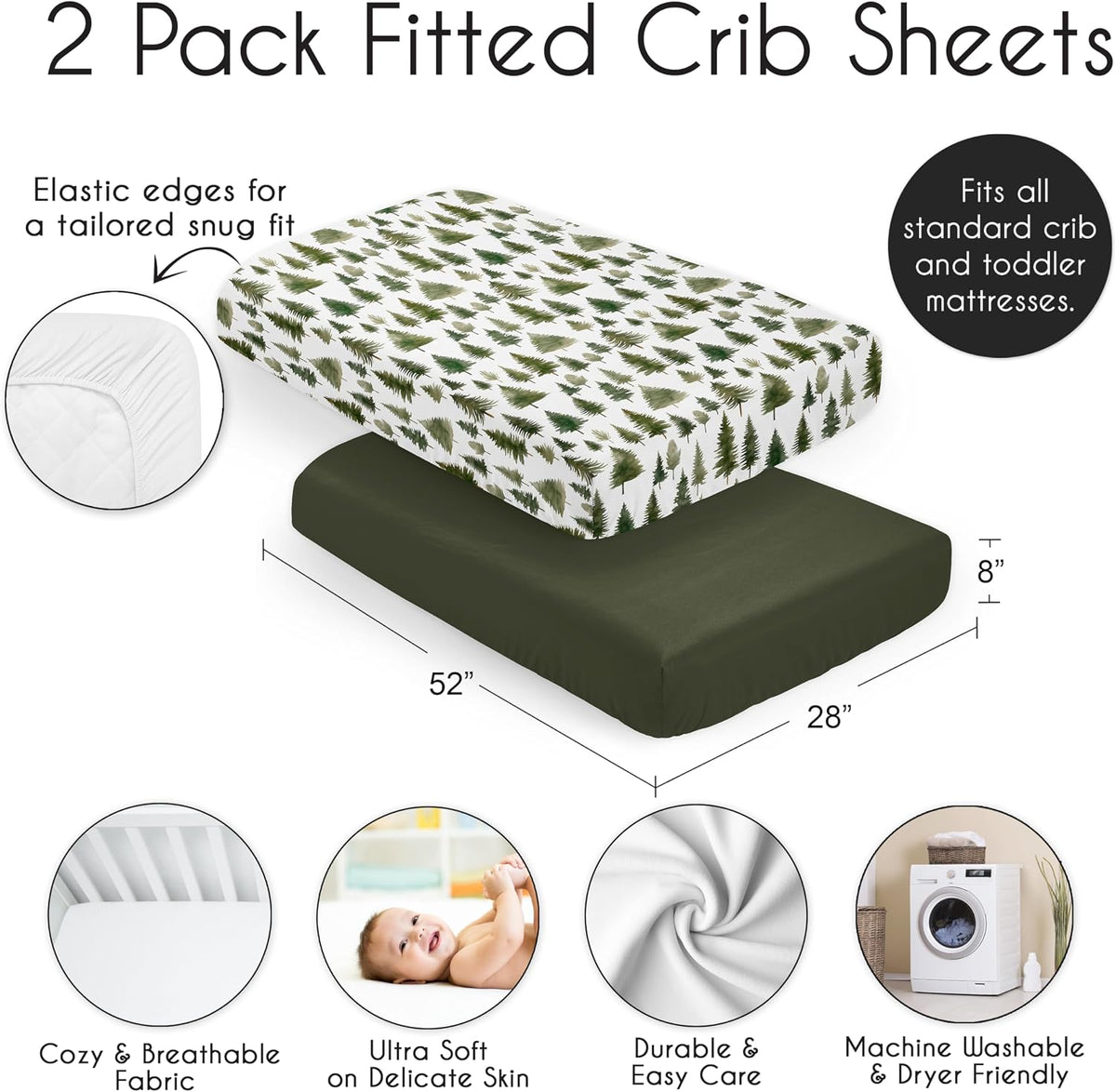 2-Piece Baby Crib Sheets Set (Green Woodland Tree) for Boys or Girls, Infant Nursery, Toddler Room - Standard Size