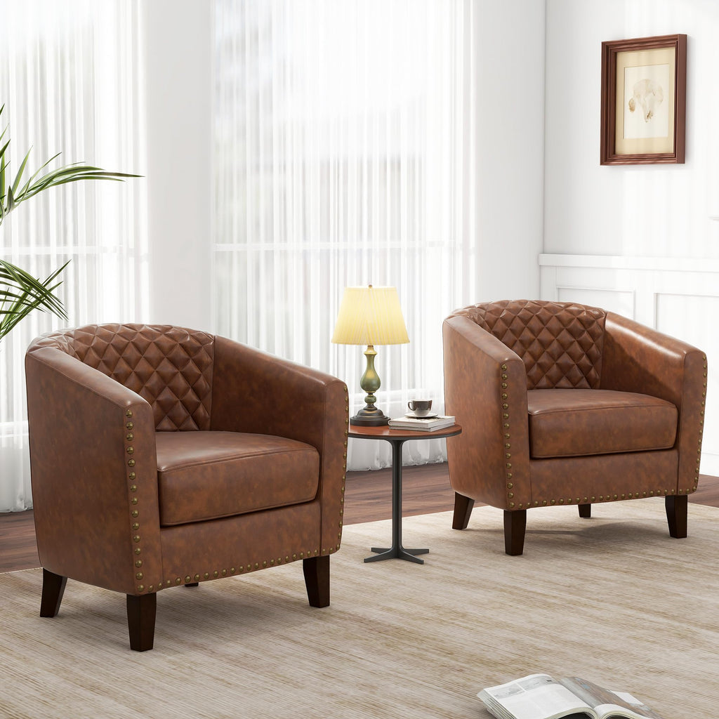 Set of 4 Faux Leather Barrel Accent Chair, Nailhead Trim & Solid Wood Legs, Brown