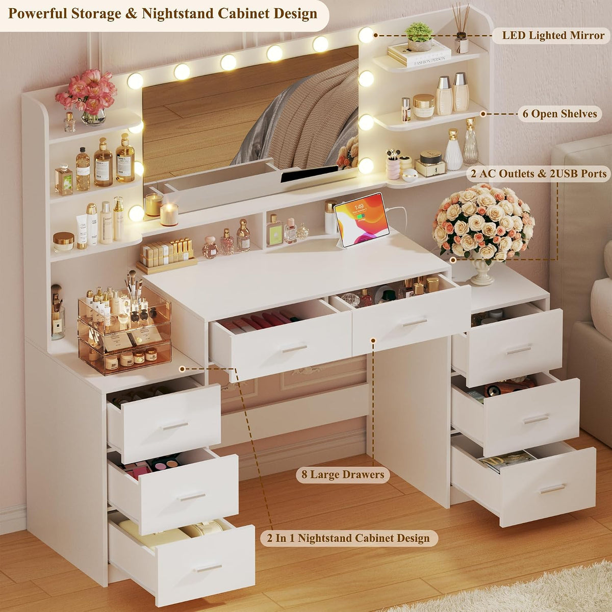 Large Vanity Desk with Mirror & Lights, White Makeup Vanity with 8 Drawers & 6 Storage Shelves, Vanity Set with LED