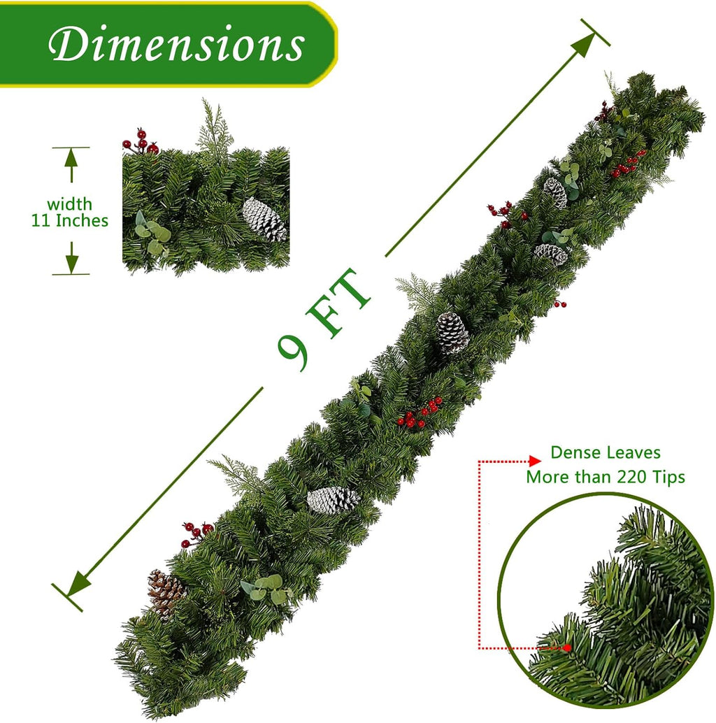 Prelit Christmas Garland 9 ft with Lights - Red Style Pre lit Garland for Christmas Holiday Decorations. Thick Branch