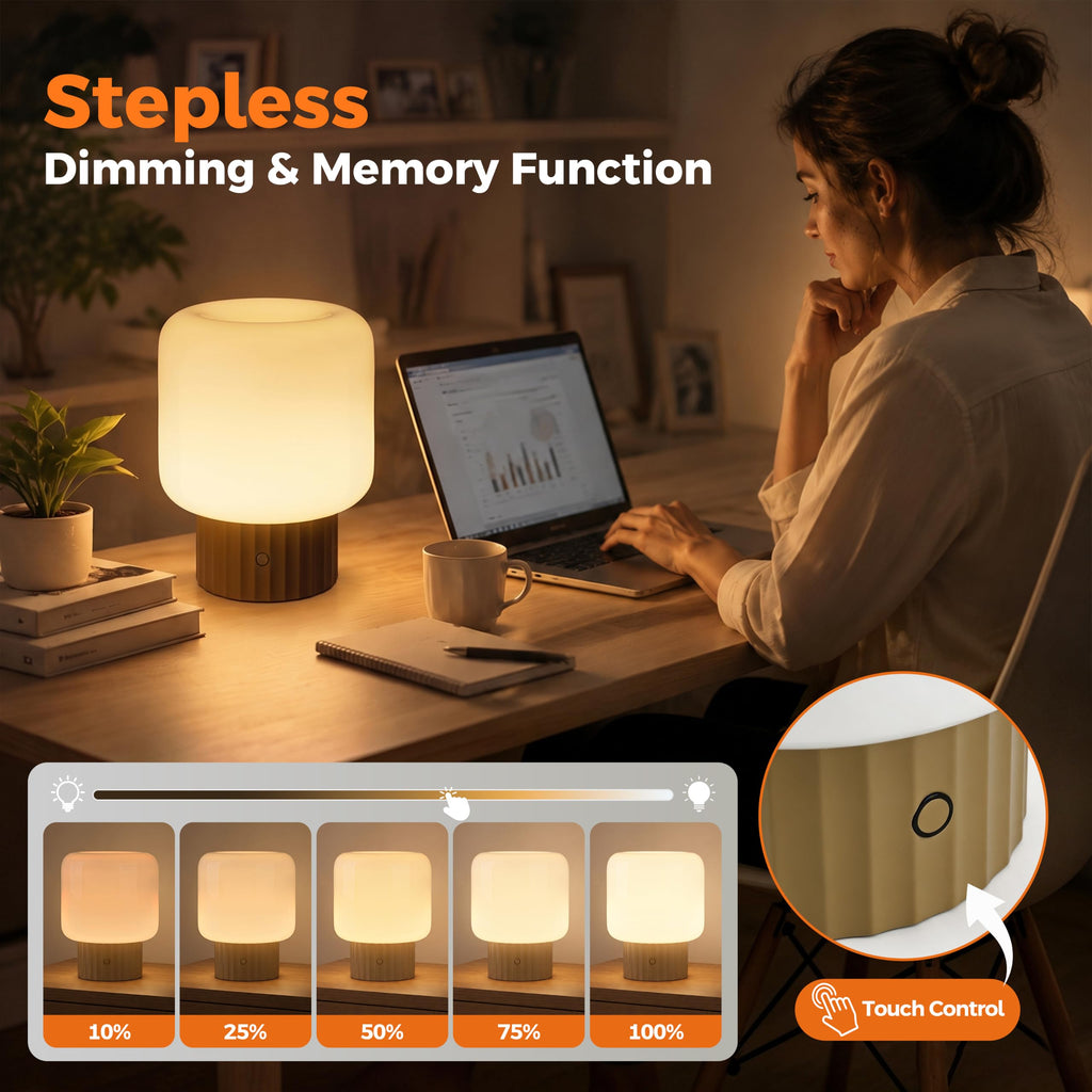 Mushroom Lamp, Cordless Rechargeable Table Lamp with Glass Shade, 3 Color Temperatures & Stepless Dimming, 5200mAh