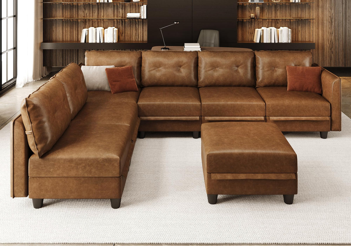 Brown Leather Modular Sofa Sectional Couch with Storage