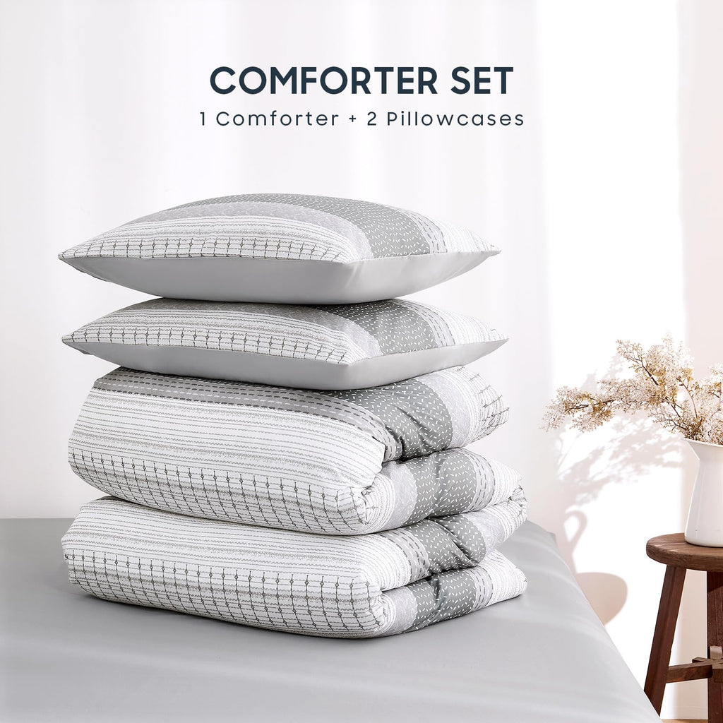 Striped Comforter Set, Farmhouse Boho Style with Rustic Textured Colorblock Stripe Pattern, Soft Lightweight Bedding