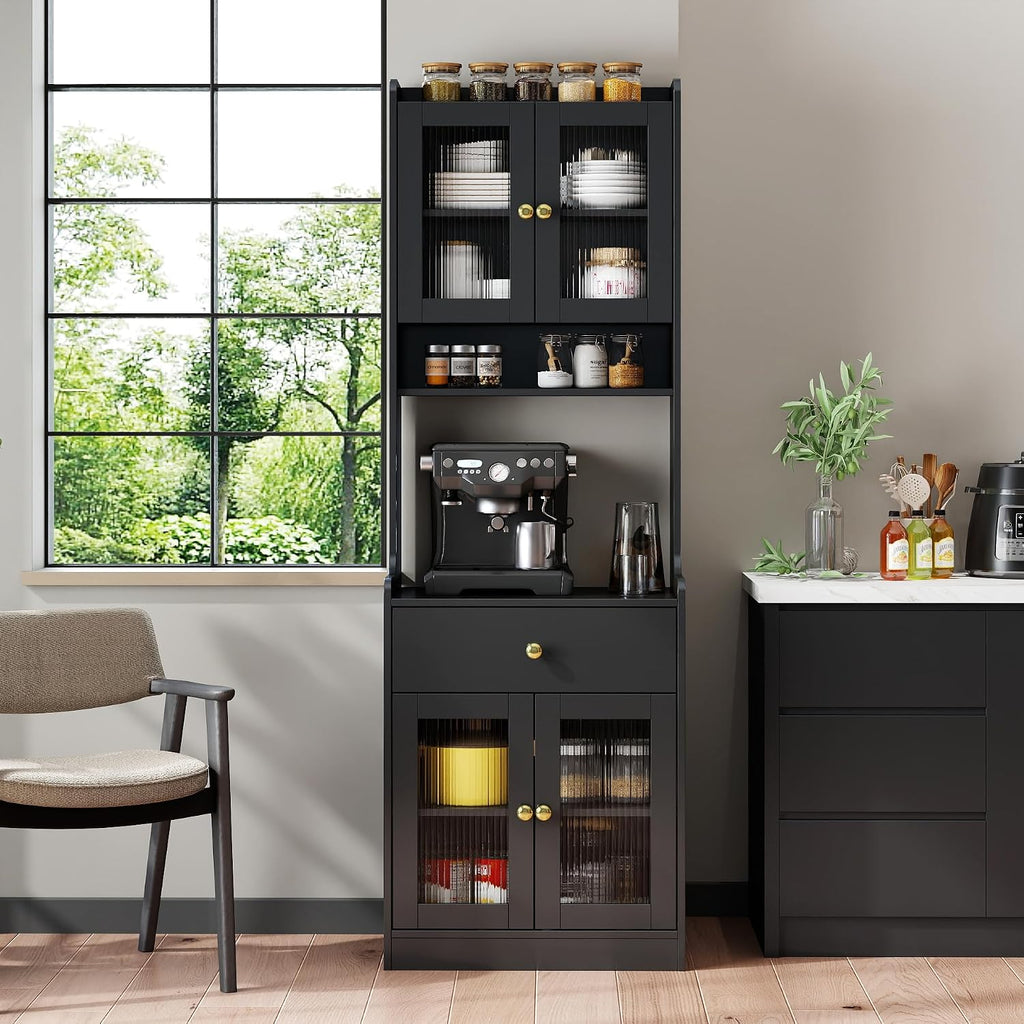 70.87" Tall Kitchen Pantry Storage Cabinet with Countertop, Glass Doors, Drawers, Microwave Stand and Shelves