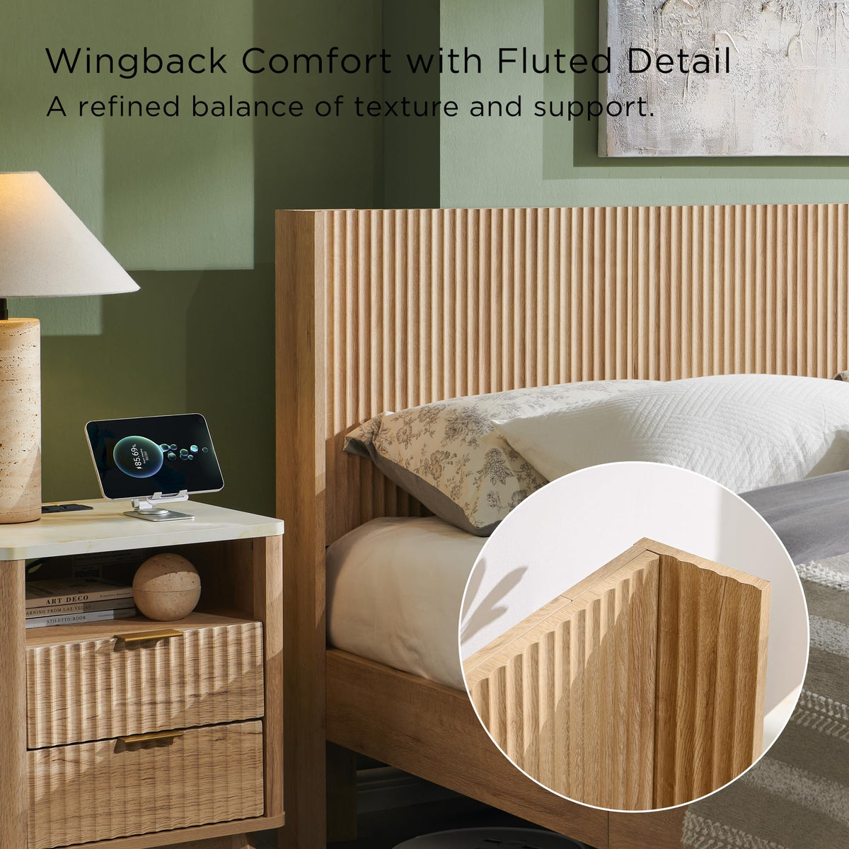 Fluted King Bed with Headboard and Storage Bench, Natural Oak