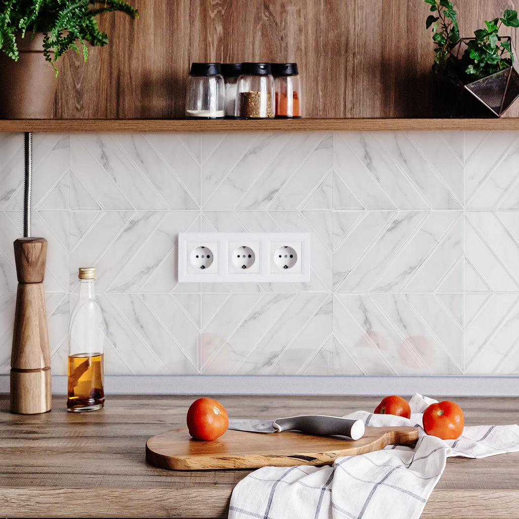 Herringbone Peel and Stick Backsplash, White Marble, 10 Sheets