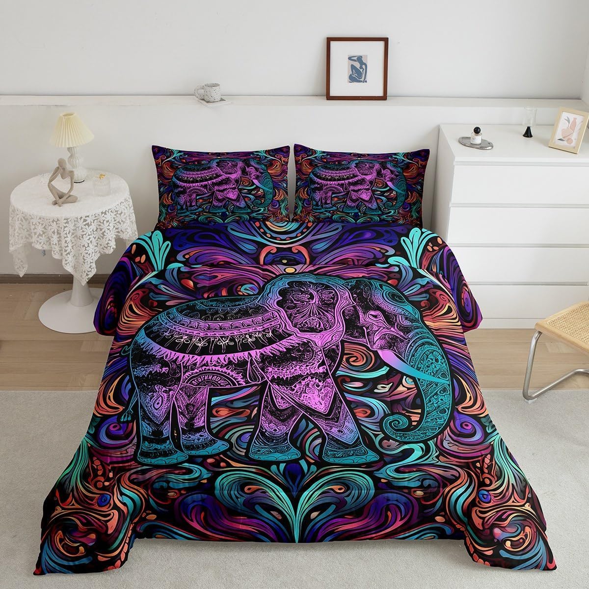 Elephant Comforter Set Full Size Safari Animal Bedding Set Neon Lines Bedding Comforter Sets Bohemian Paisley Duvet