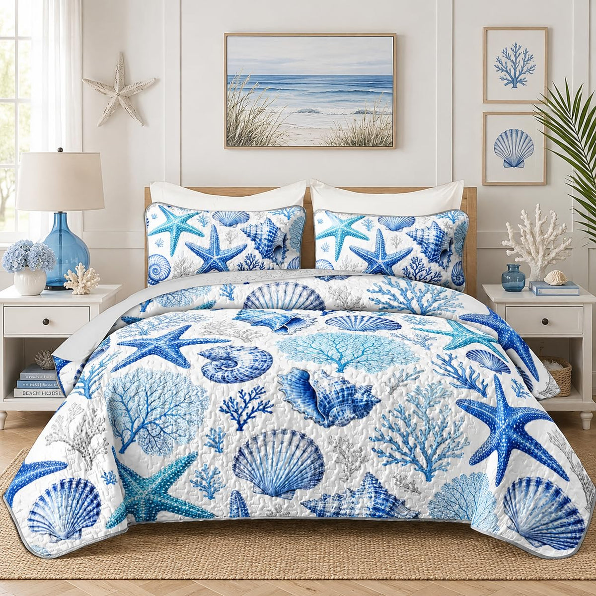 Blue Ocean Quilt Coastal Bedding with 2 Pillowcases.