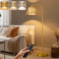 Arc Floor Lamp with 3 Color Temperatures, Farmhouse Floor Lamps with Remote & Dimmable Bulb, Rattan Boho Floor Lamp
