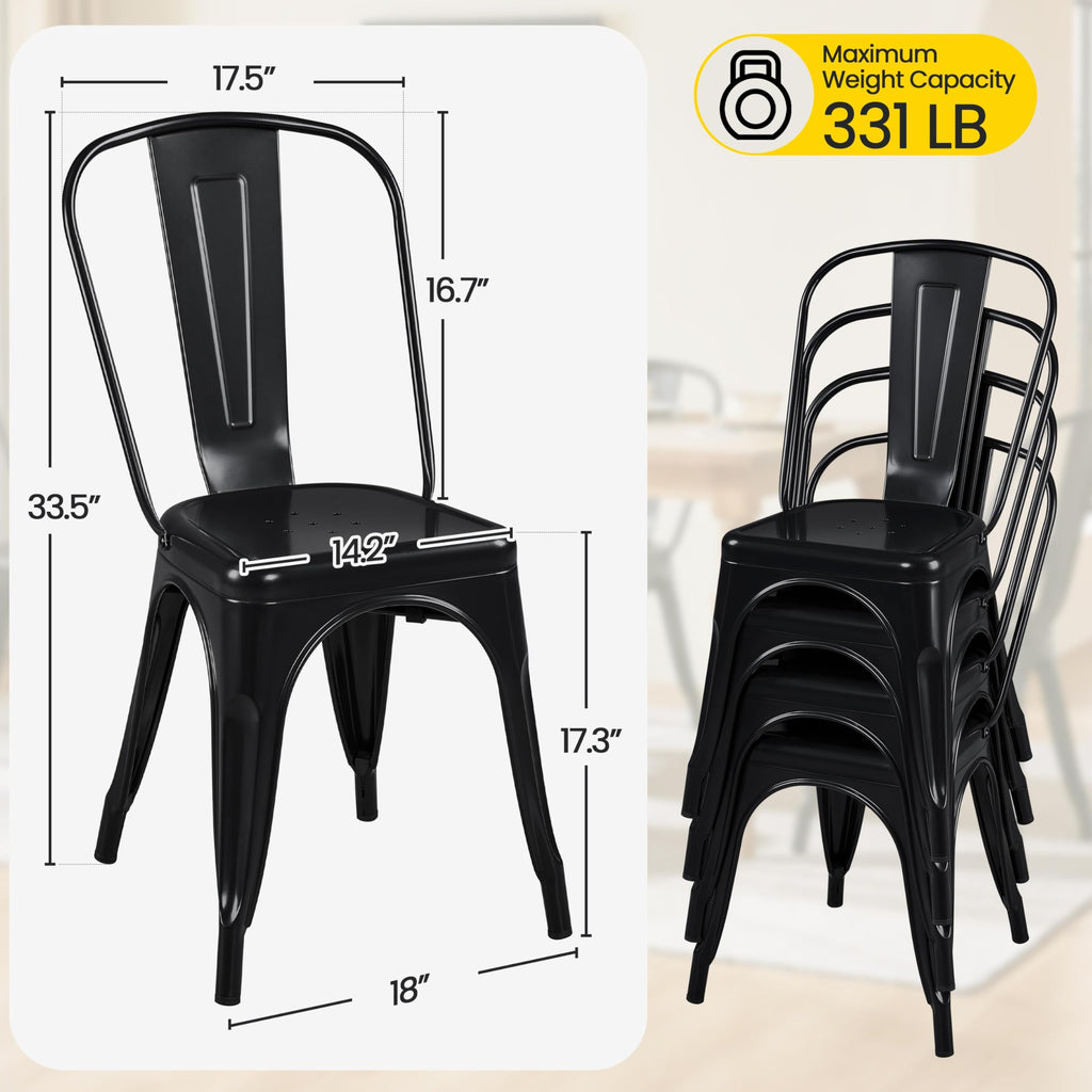 Metal Chairs Set of 4, Stackable Dining Chairs with Back, Black