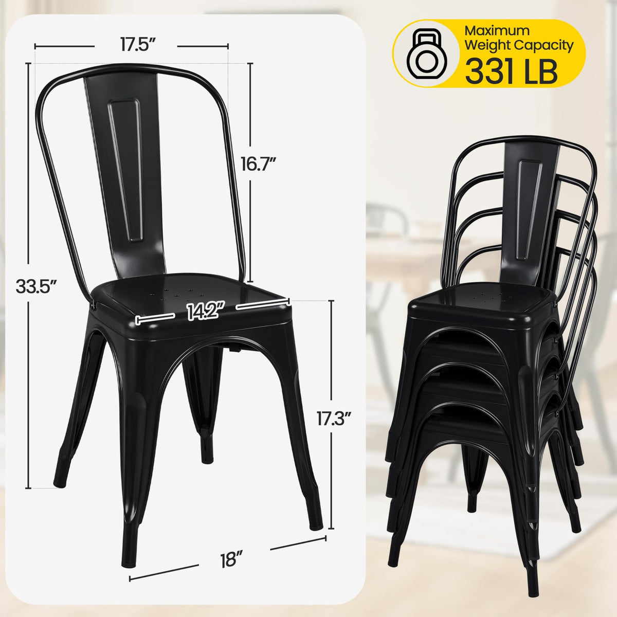 Metal Chairs Set of 4, Stackable Dining Chairs with Back, Black
