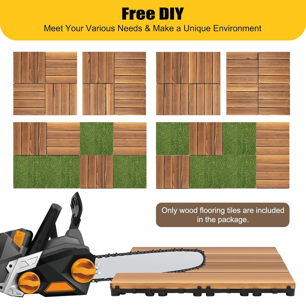 36Pcs 12x12 Inch Hardwood Interlocking Deck Tiles, All-Weather Waterproof Outdoor Flooring for Patio, Sun Terrace & Living Room (Brown)