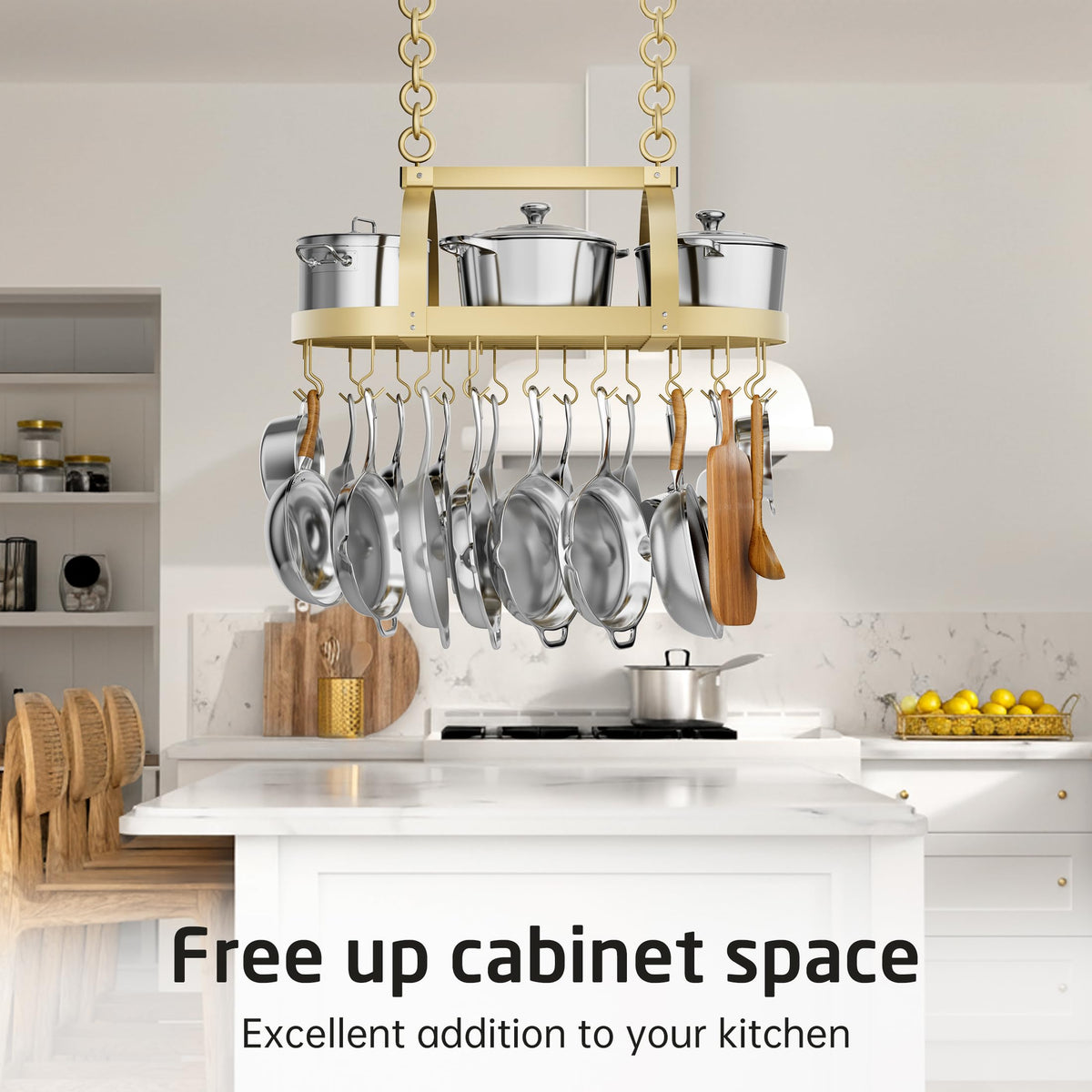 Gold 34 Inch Hanging Pot Rack, 100 LBS Capacity Heavy Duty Oval Pot and Pan Hanging Rack Ceiling Mount, Pot Pan