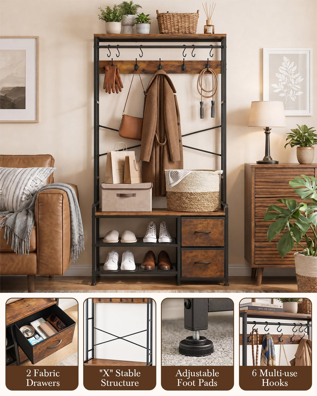 Hall Tree with Bench and Shoe Storage, Rustic Brown