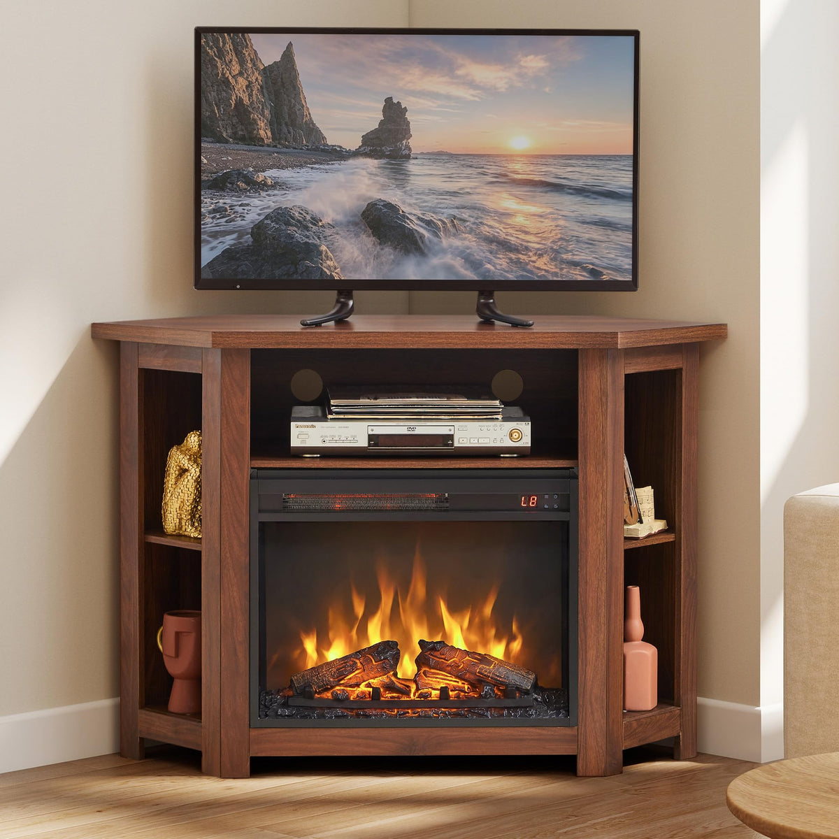 Corner Fireplace TV Stand, TVs up to 50", 44" Electric Fireplace (Walnut)