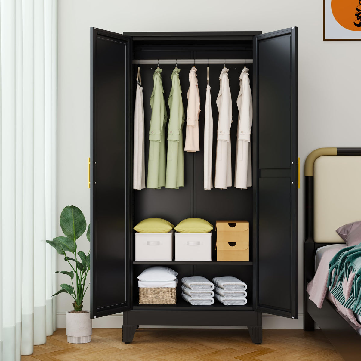 71" H Metal Armoire Wardrobe Closet with Mirror,Adjustable Shelve, Clothes Drying Pole, Steel Wardrobe Cabinet (Black)