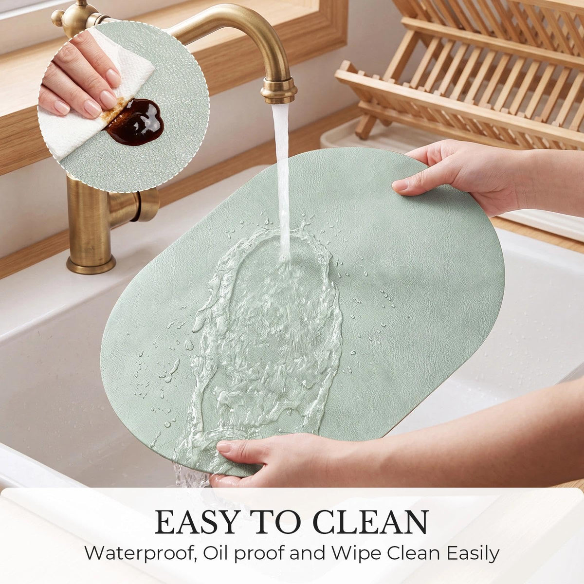 Vinyl Faux Leather Oval Placemats, Set of 8, Green