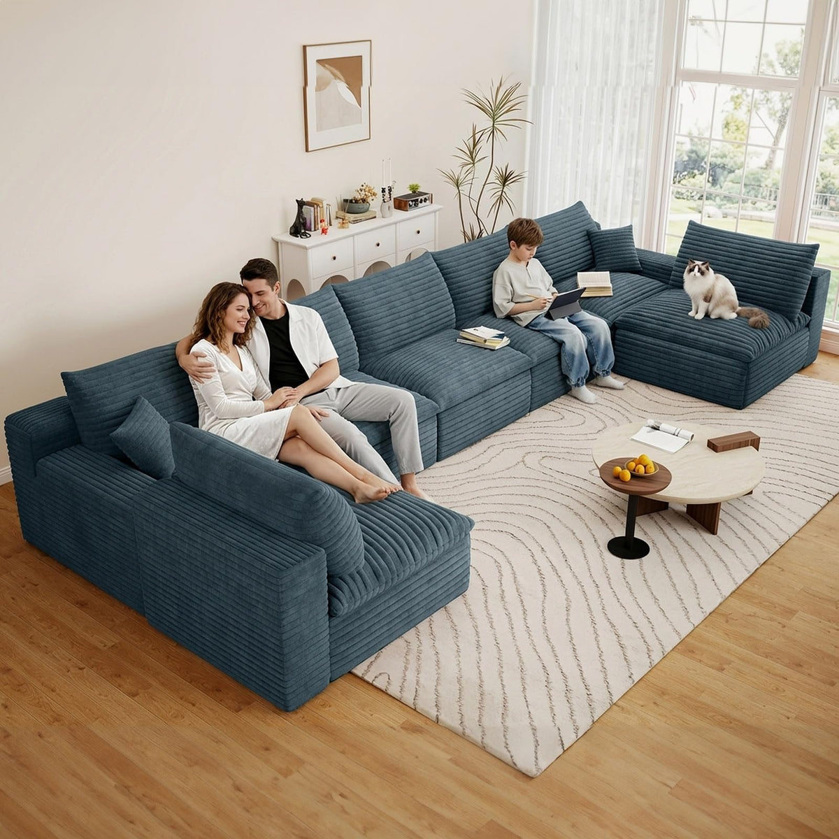 165" Cloud Couch Modular Sectional Sofa, U-Shape Boneless Couch with Deep Seat, Modern Corduroy 7-Seater, No
