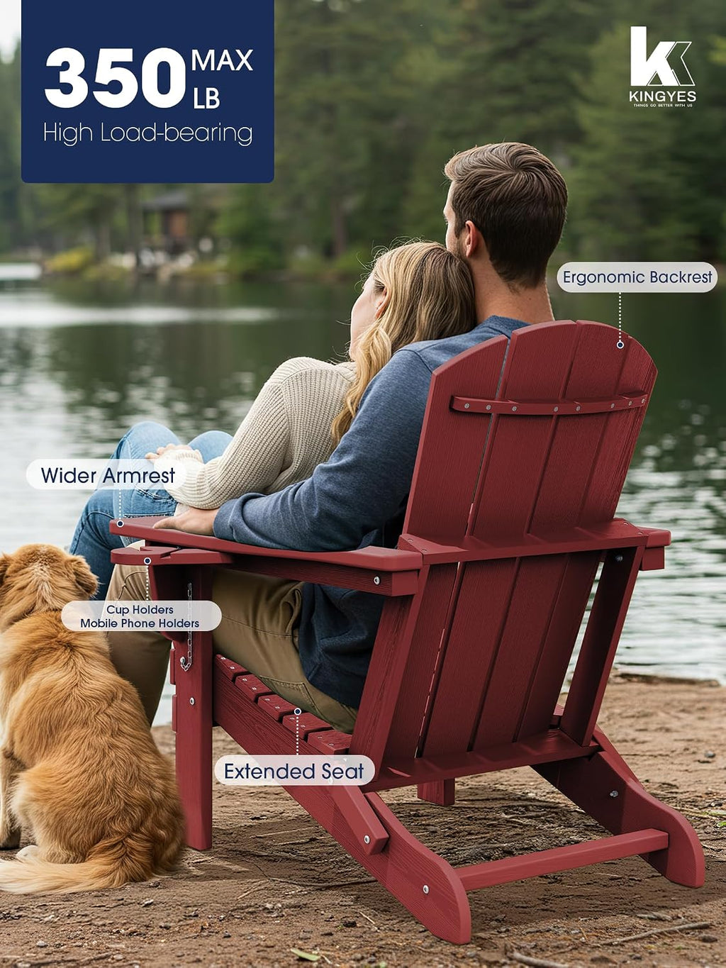 Folding Adirondack Chair Set of 2 with 2 Cup Holders, Red | HDPE Composite | Waterproof | Wood Grain | Hidden Cup &