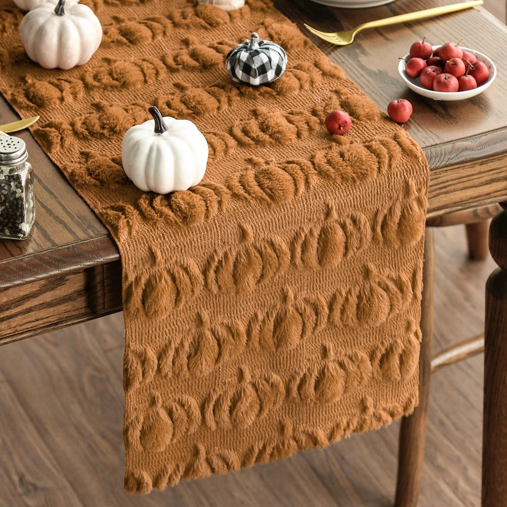 Caramel Soft Faux Fur Pumpkins Fall Table Runner 13x72 Inch
