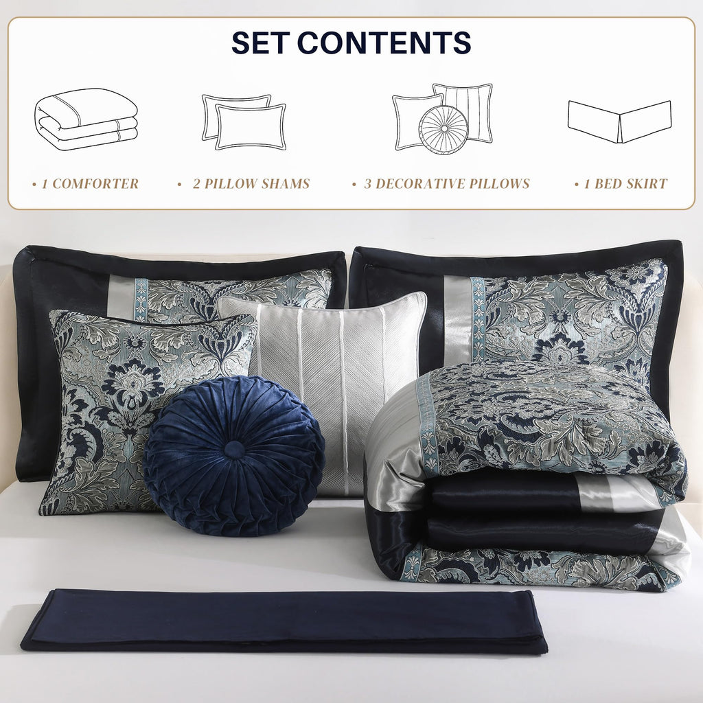 Luxury Comforter Set Damask Jacquard Navy Blue 7 Piece