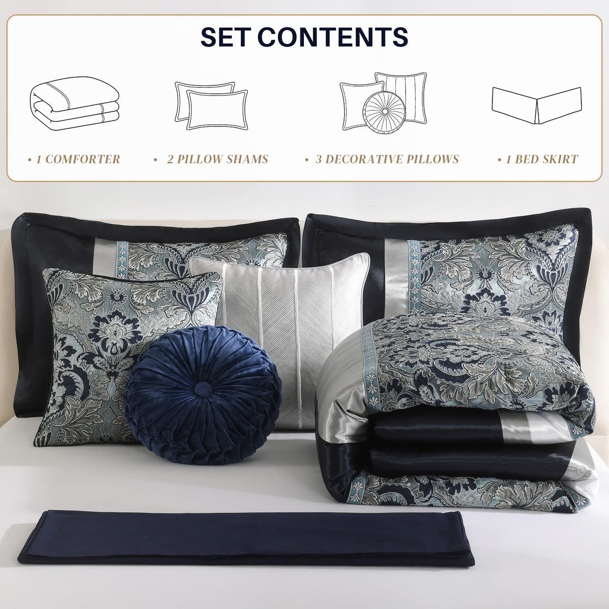 Luxury Comforter Set Damask Jacquard Navy Blue 7 Piece