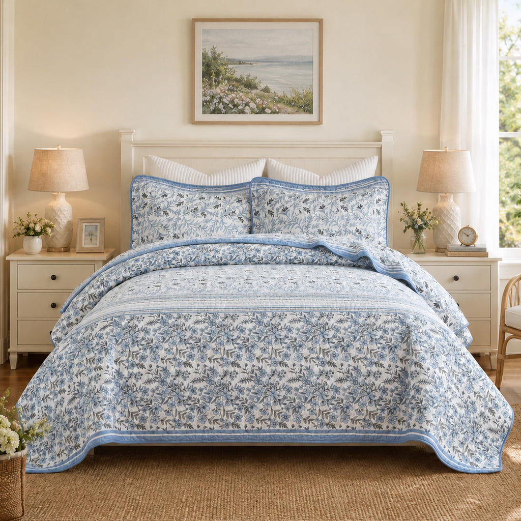 Blue White Toile Quilt, 3-Piece Cotton Bedspread with Shams