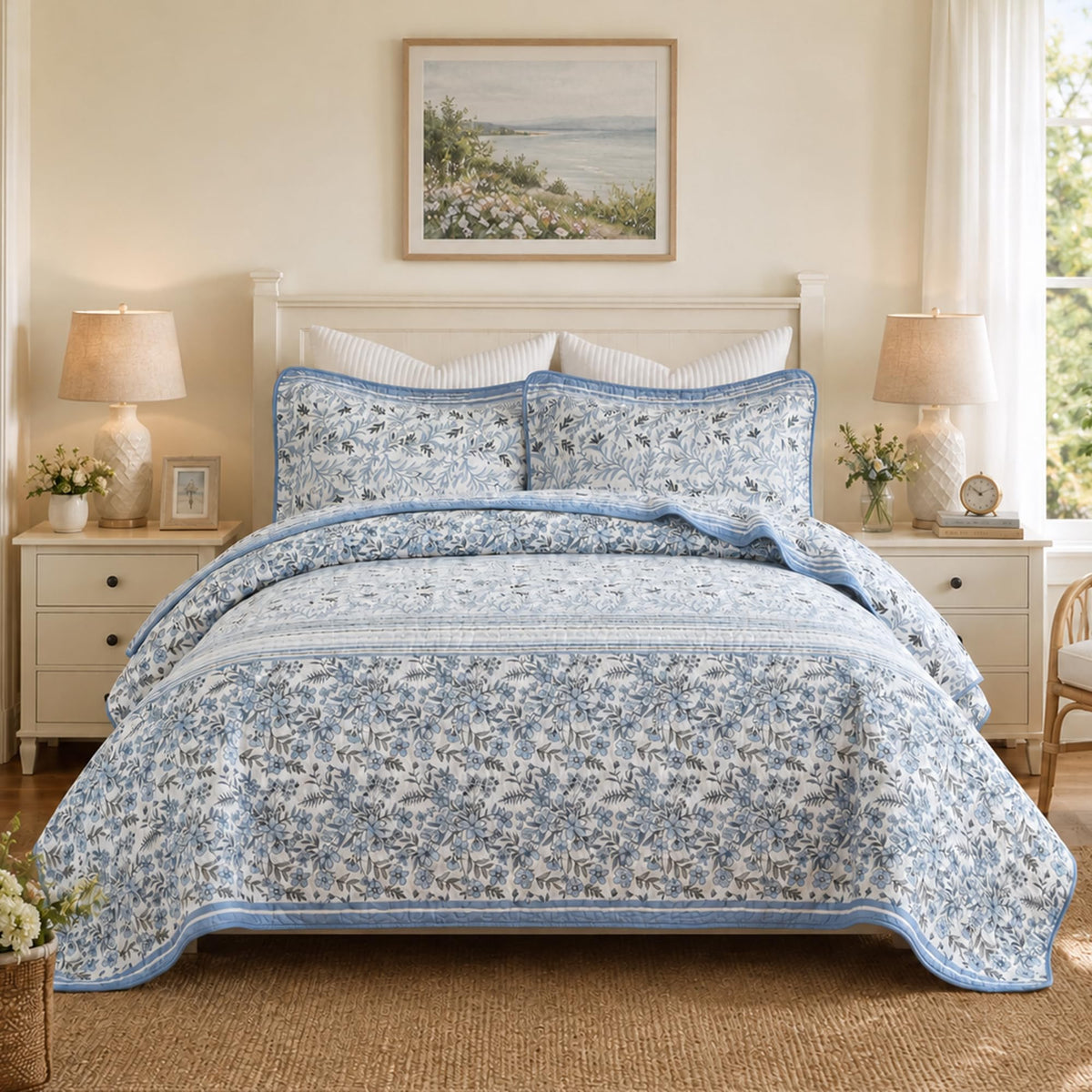 Blue White Toile Quilt, 3-Piece Cotton Bedspread with Shams