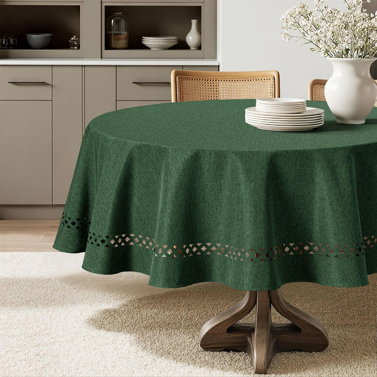 Army Green 60 Inch Round Linen Christmas Tablecloth with Cutouts