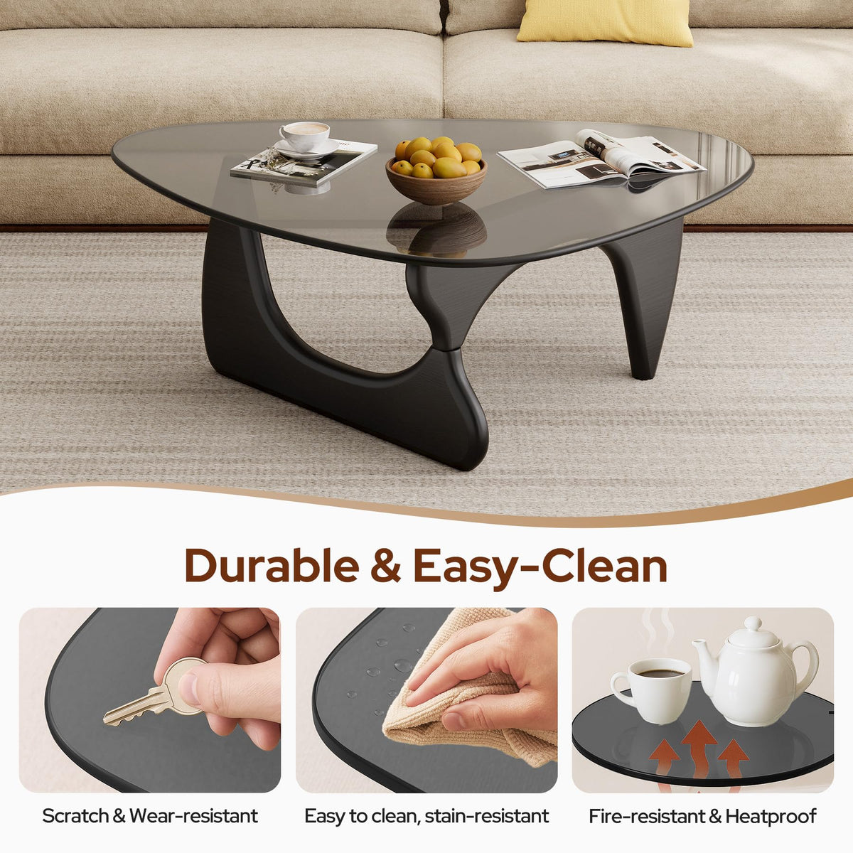 Inspired Noguchi Style Modern Glass Coffee Table, 43''W Large Mid Century Triangle Coffee Table Bedroom Reception Office Tables
