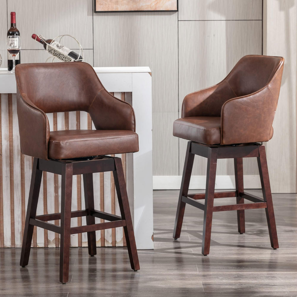 Farmhouse Swivel Counter Stools Set of 2 Island, 27" Barstools with Open Back, PU Leather Upholstered Stool Chair