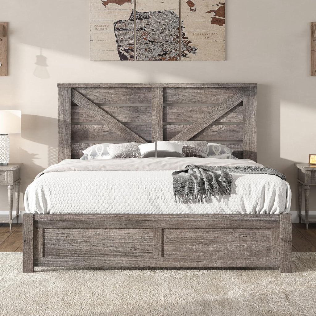 Farmhouse Bed Frame with 49.2"Barn Door Headboard, Gray