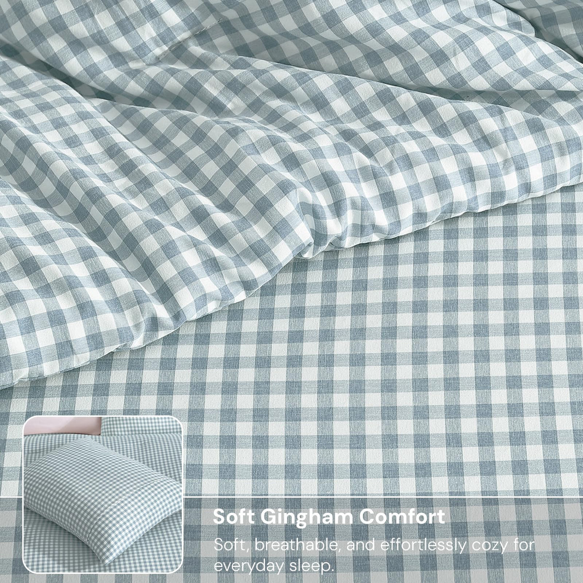 Blue Gingham Comforter Set, 3 Pieces Bedding