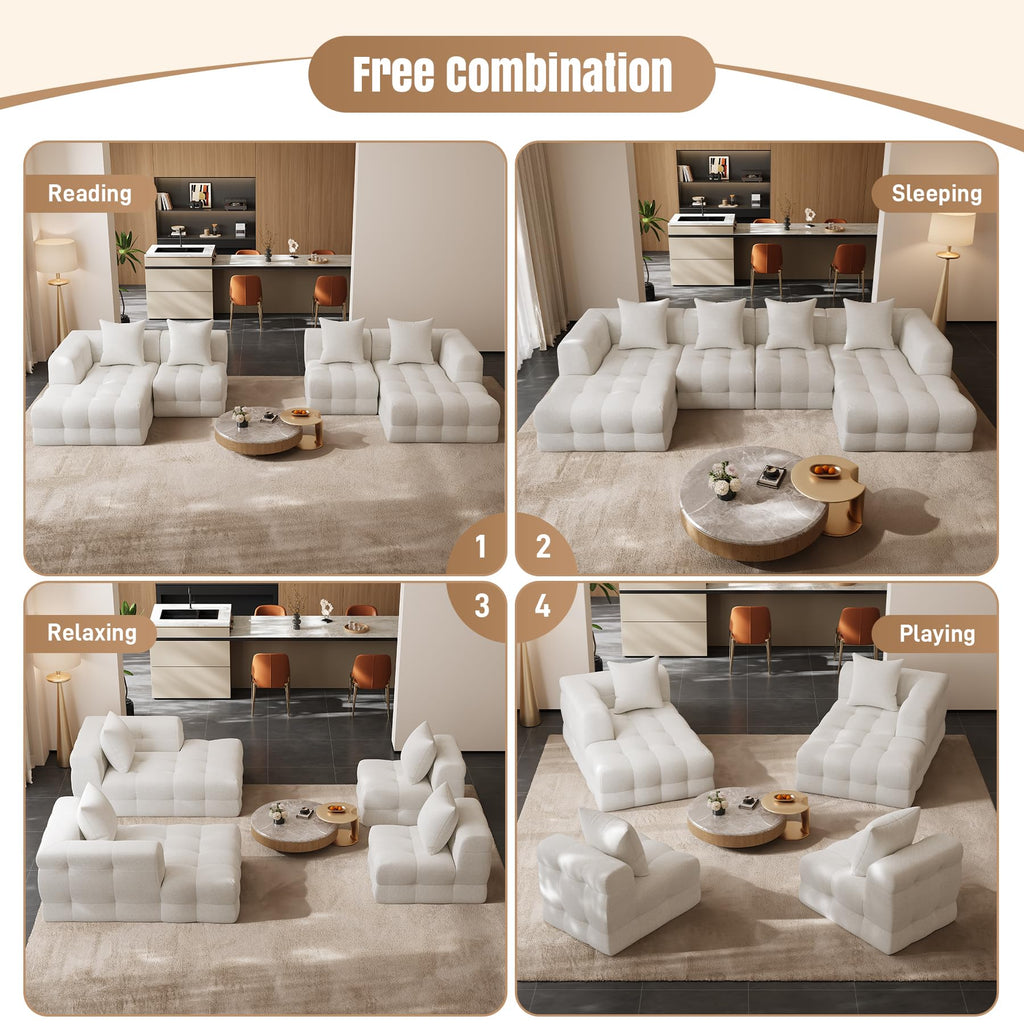 136" Boneless U-Shaped Couch, Cloud Sofa, Beige White