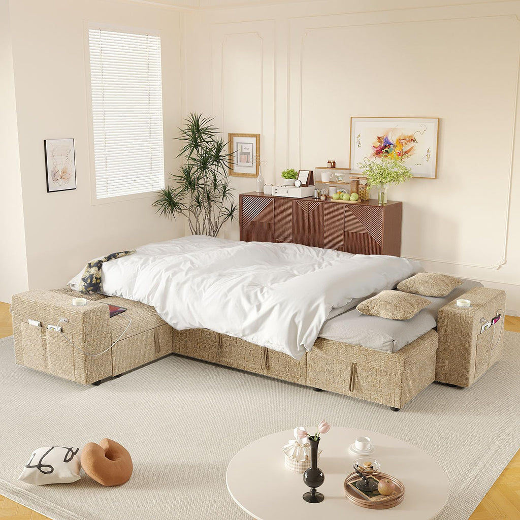 Modular Sectional Sleeper Sofa with Pull Out Bed, 108 Inch U Shaped 7 Seat Couches, Chenille Fabric Cloud Couch Bed