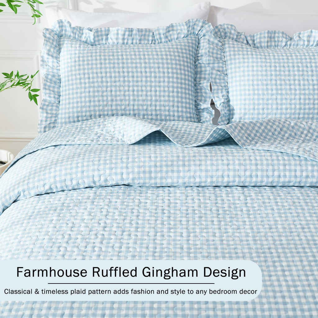 Gingham Quilt Set Light Blue Ruffled Summer Bedspread