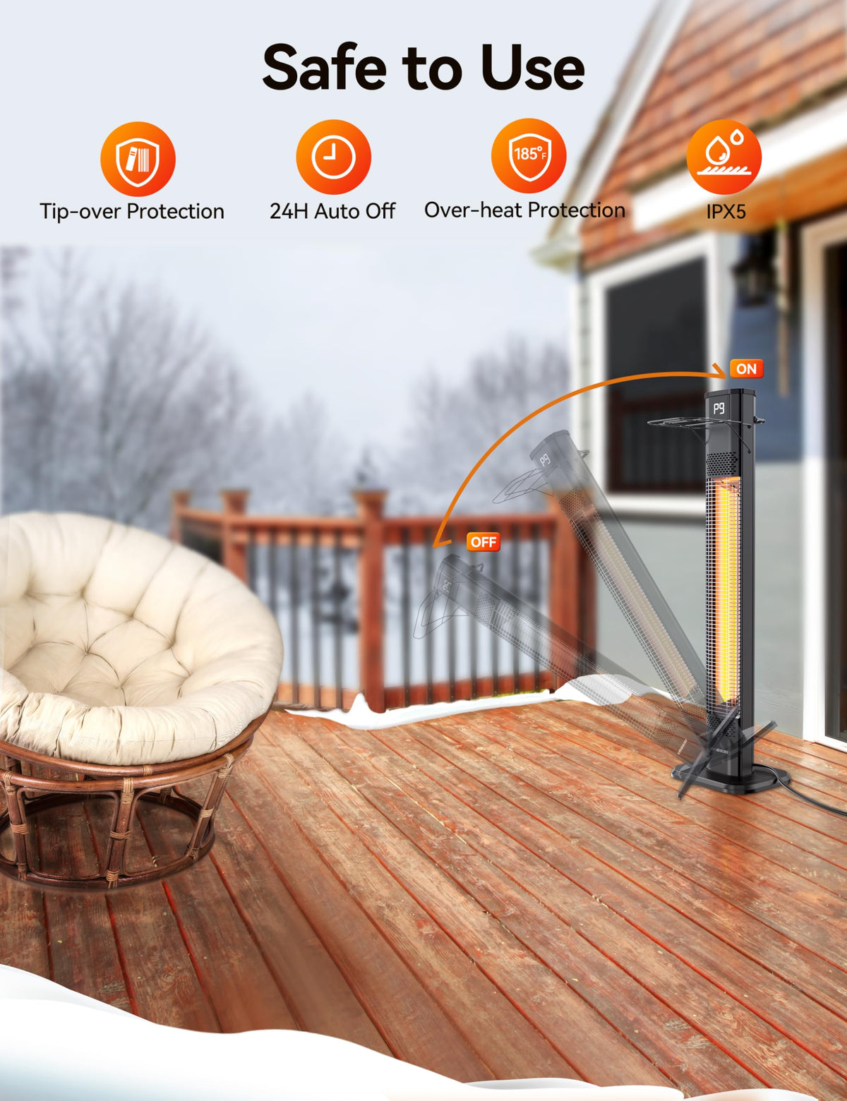42" 1500W Electric Outdoor Infrared Heater with Remote, 9 Heat Levels, 24H Timer, 1S Fast Heating, IPX5 Waterproof